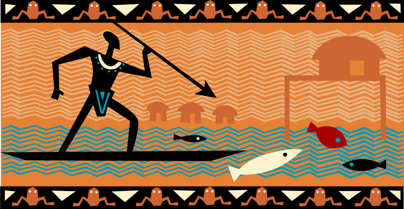 Vector Illustration of African Traditional Native Hunter Fisherman Angler Spearing Fish from Canoe Boat