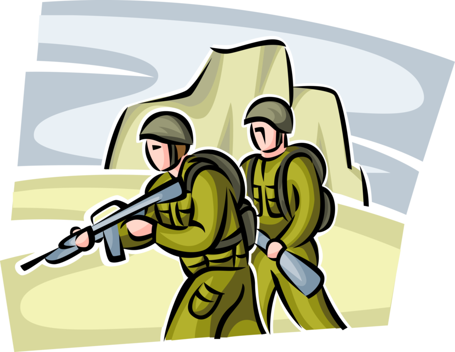 Vector Illustration of Heavily Armed United States Military Marine Soldiers in Combat Gear Engage in War Zone Battle