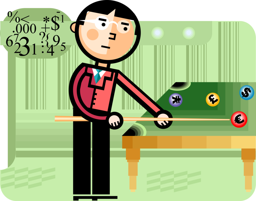 Vector Illustration of Businessman Plays International Financial Billiards Pool with Cue Stick and Foreign Currency Balls