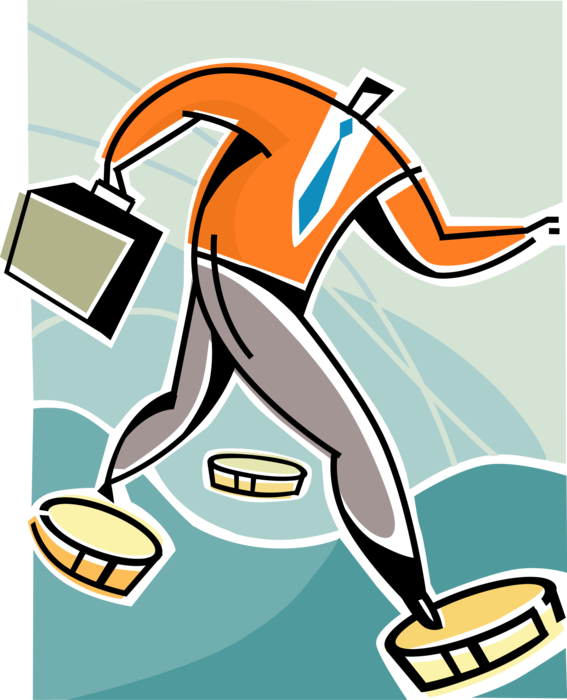 Vector Illustration of Agile Businessman Steps with Confidence Across Financial Cash Money Coin Steps