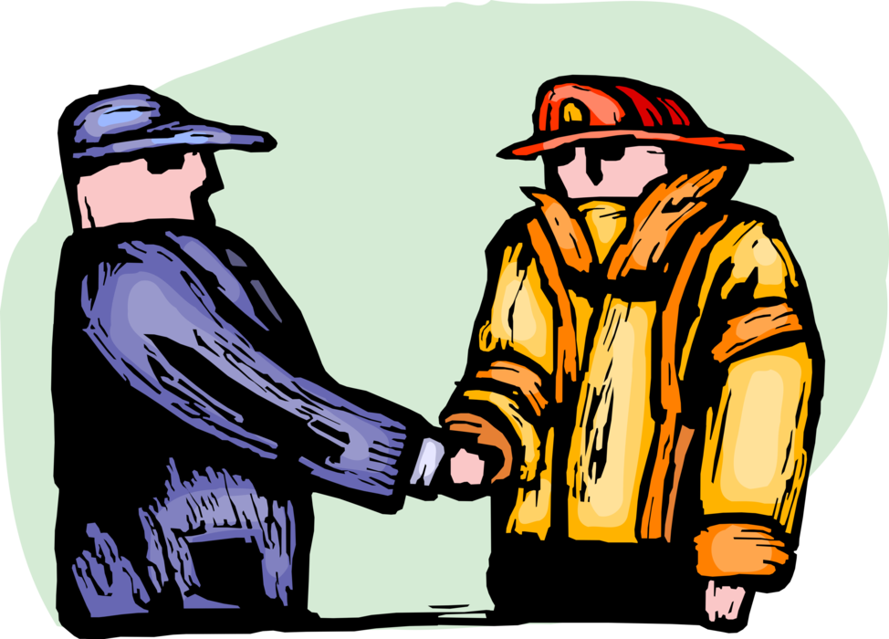 Vector Illustration of Firefighter Fireman Shakes Hands with Volunteer Worker