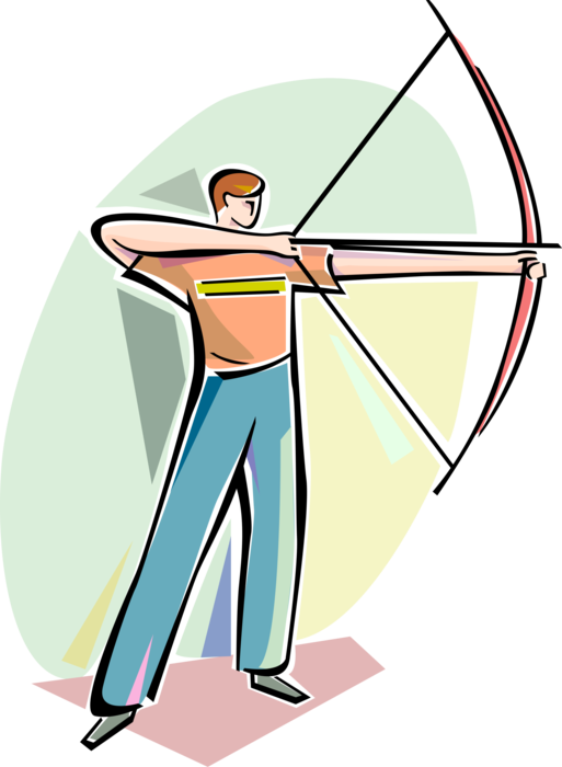 Vector Illustration of Archer Draws Archery Bow and Arrow Shooting at Target