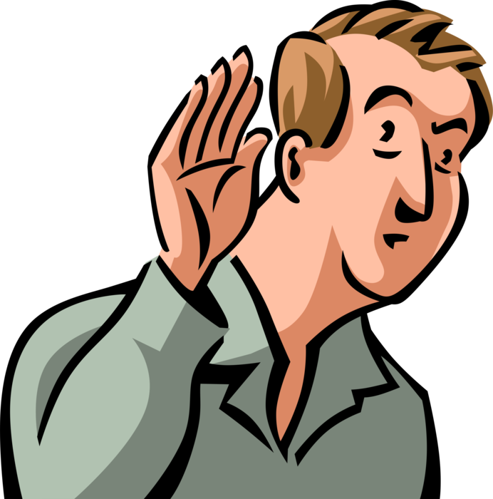 Vector Illustration of Man Listens Intently with Hand to Ear to Verbal Instructions
