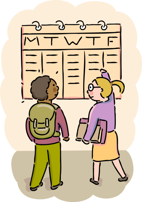 Vector Illustration of Students Examine School Calendar Class Schedule for Week