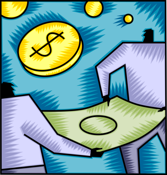 Vector Illustration of Business Associates Collect Financial Profit Cash Money Coins Falling from Sky