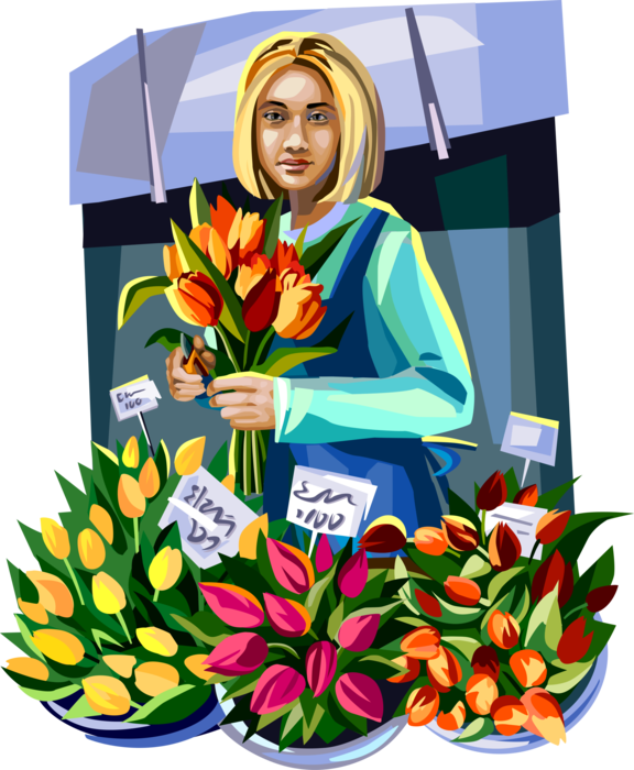 Vector Illustration of Woman Selling Flowers