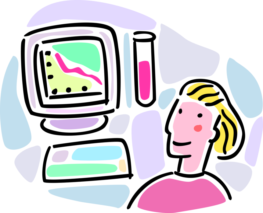Vector Illustration of Laboratory Scientist Technician Analyzes Test Tube Liquid Composition with Computer