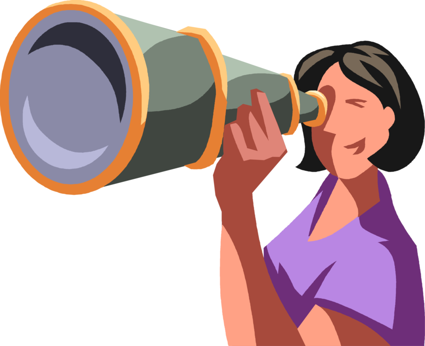 Vector Illustration of Businesswoman Looks Through Eyeglass Telescope to Forecast New Business Opportunities