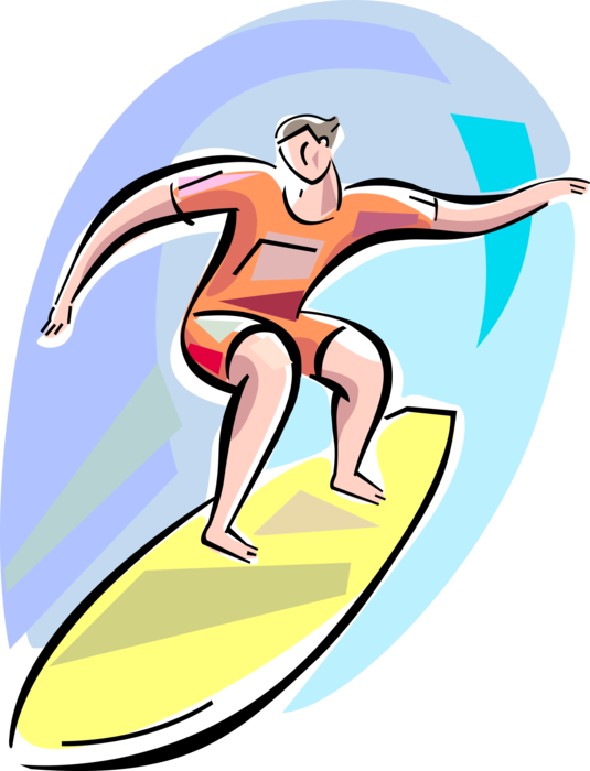 Vector Illustration of California Surfer Dude Rides Wild Wave Surfing on Surfboard