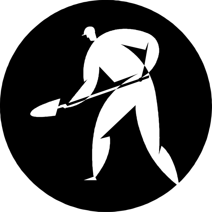Vector Illustration of Construction Worker Digs Dirt with Shovel Tool