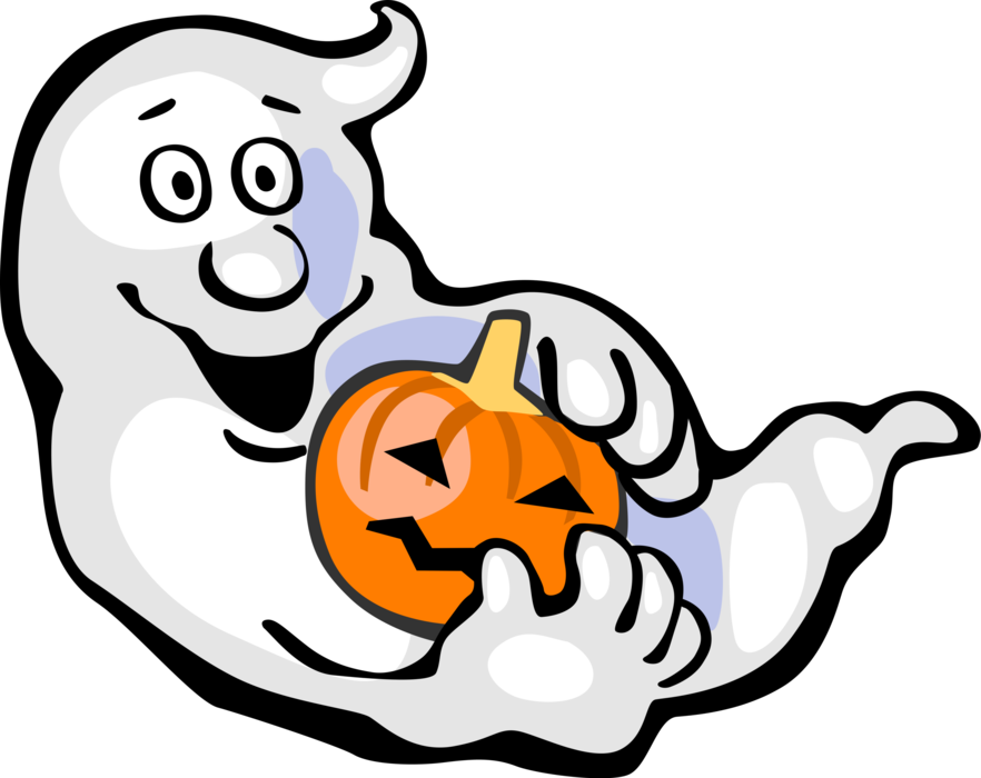 Vector Illustration of Ghost Phantom, Apparition, Spirit, Spook with Halloween Jack-o'-lantern Carved Pumpkin