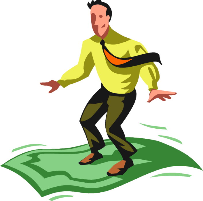 Vector Illustration of Businessman Rides Persian Sultan's Legendary Flying Magic Carpet Cash Dollar Money of Financial Success