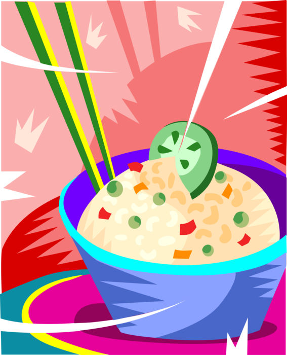 Vector Illustration of Bowl of Chinese or Japanese Asian Cuisine Rice with Vegetables and Chopsticks