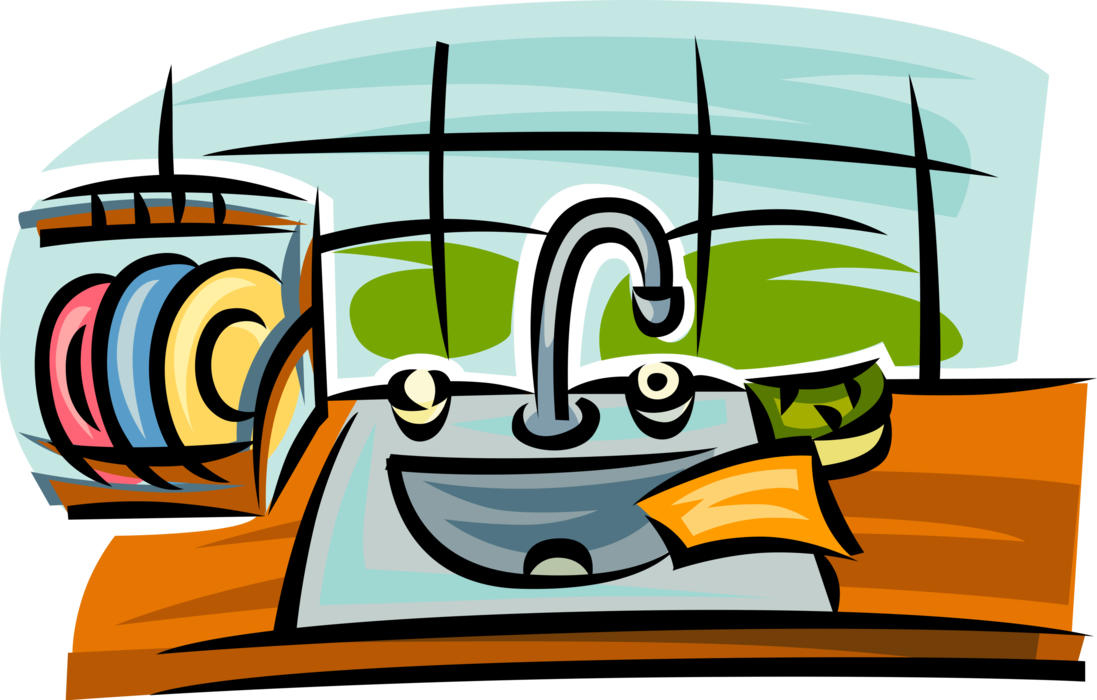 Vector Illustration of Kitchen Sink with Dirty Dishes and Dish Rags