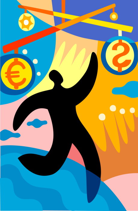 Vector Illustration of Ever-Changing Financial Currency Markets with Cash Money Euro and Dollar Investment Symbols