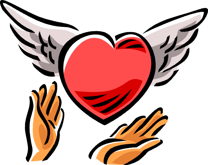 Vector Illustration of Hands Release Love Heart with Wings in Air