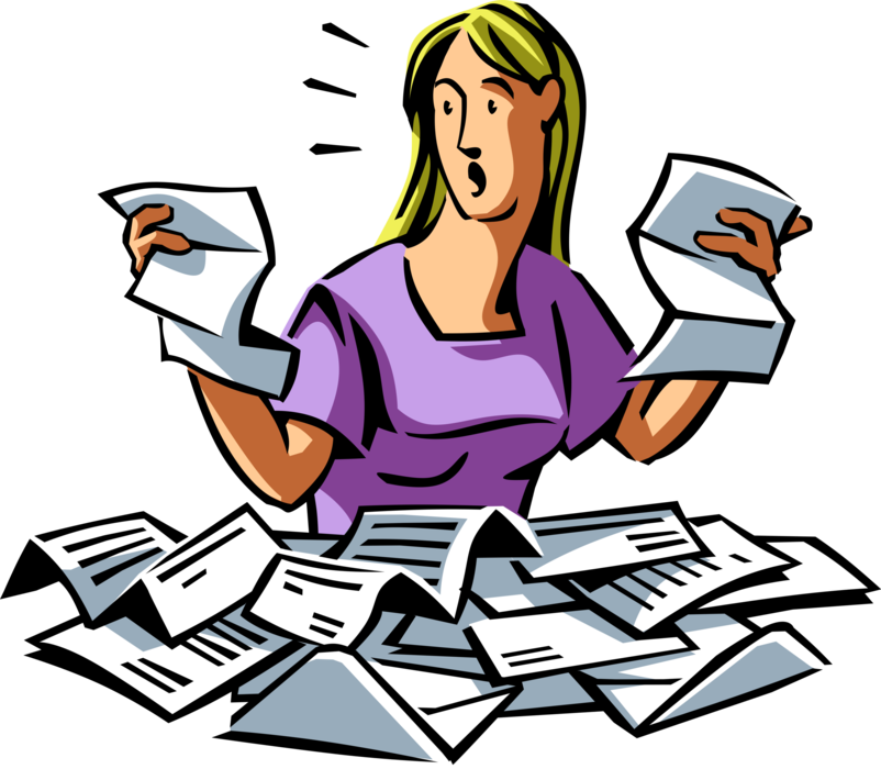 Vector Illustration of Businesswoman Overwhelmed with Business Correspondence Customer Complaint Letters