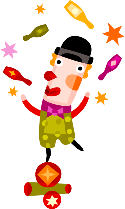 Vector Illustration of Birthday Party Clown Performs Juggling and Balancing Act for Party Goers
