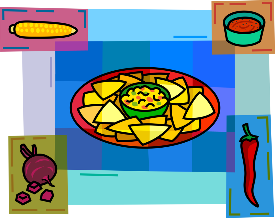 Vector Illustration of Snack or Appetizer Tortilla Topped with Cheese Nachos on Plate with Corn Maize, Hot Chili Pepper