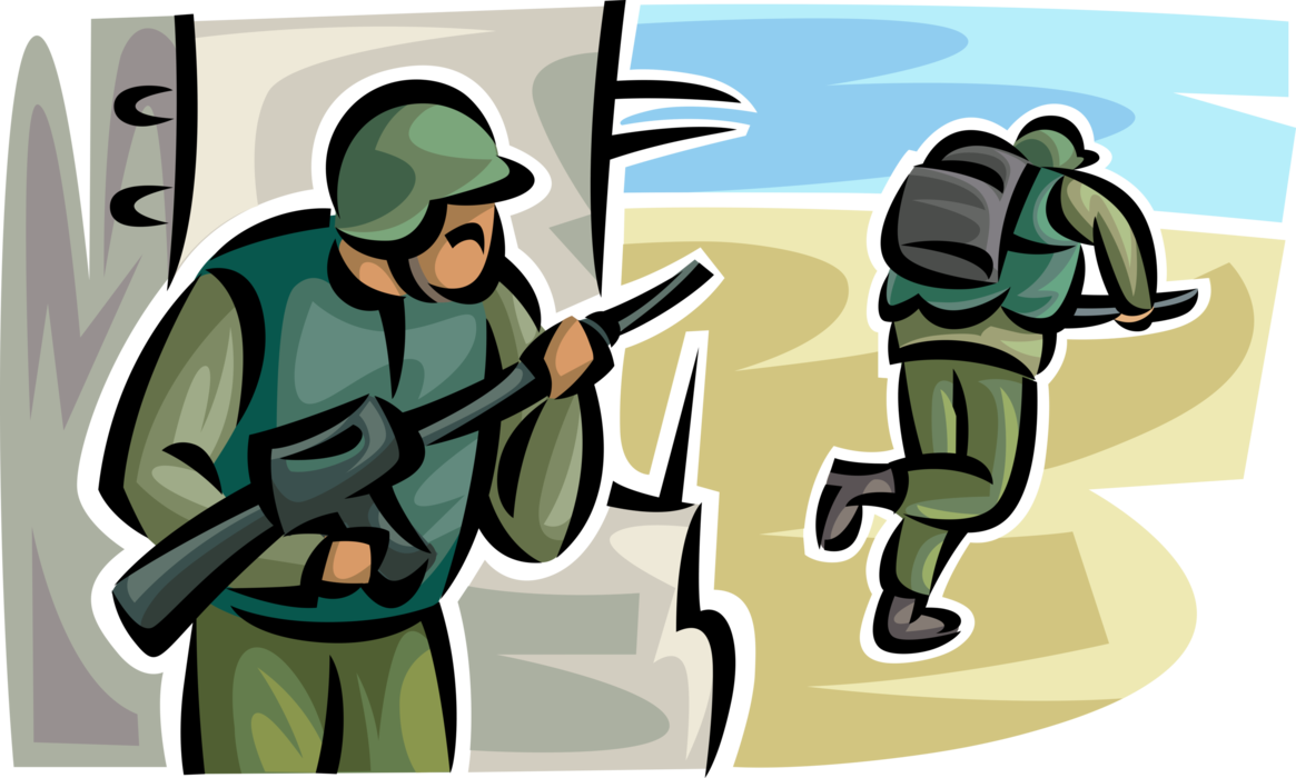 Vector Illustration of Heavily Armed United States Military Marines with Machine Guns in War Zone Battle