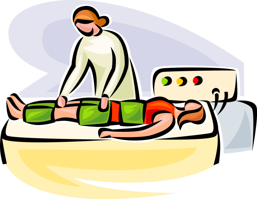 Vector Illustration of Physiotherapy Rehabilitation Leg Exercise with PT Therapist Using Electrical Stimulation