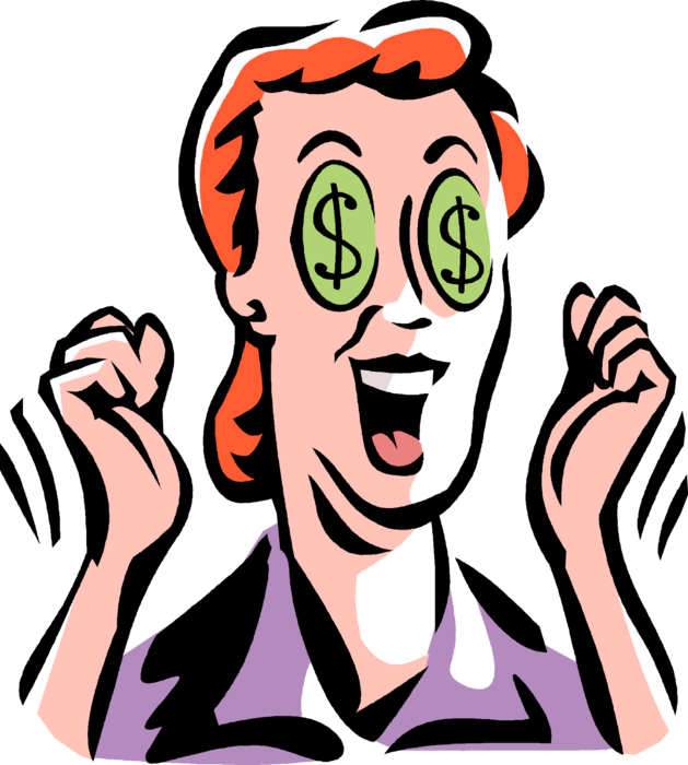 Vector Illustration of Businesswoman with Cash Money Dollar Signs in Eyes