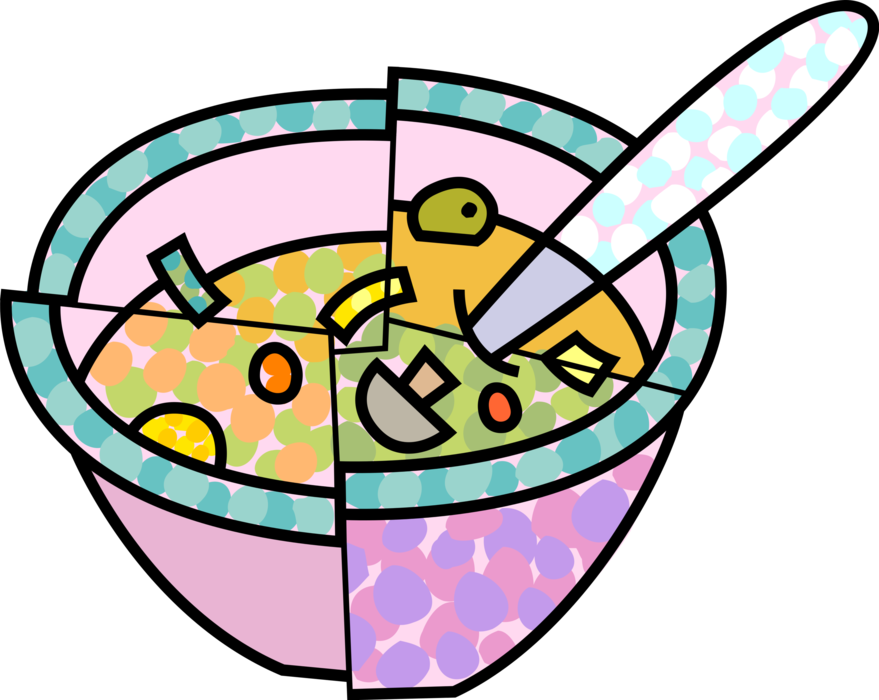 Vector Illustration of Bowl of Soup Food Broth Combines Meat, Vegetable Ingredients with Stock Liquids with Spoon