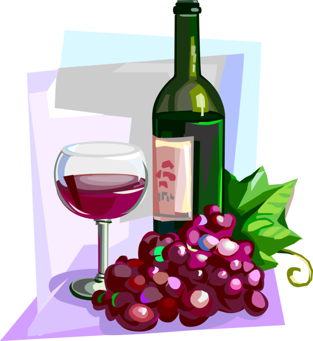 Vector Illustration of French Red Wine with Glass and Fruit Grapes