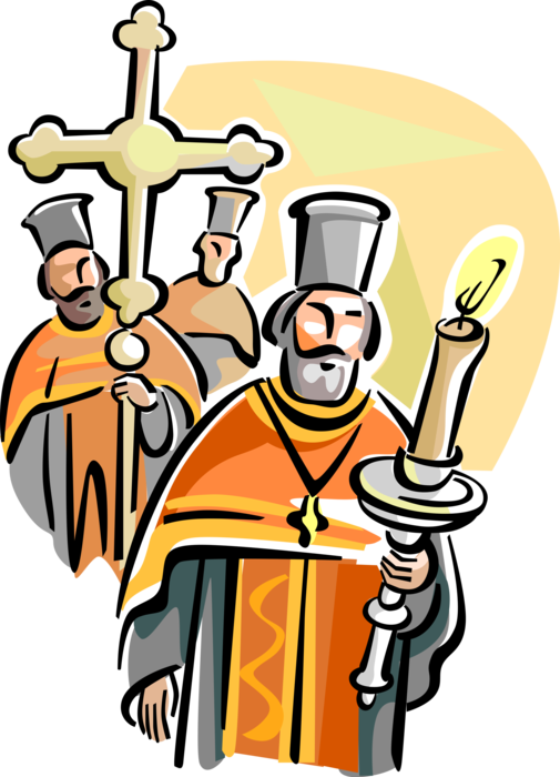 Vector Illustration of Orthodox Christian Clergy Priests in Procession with Crucifix Cross and Candle
