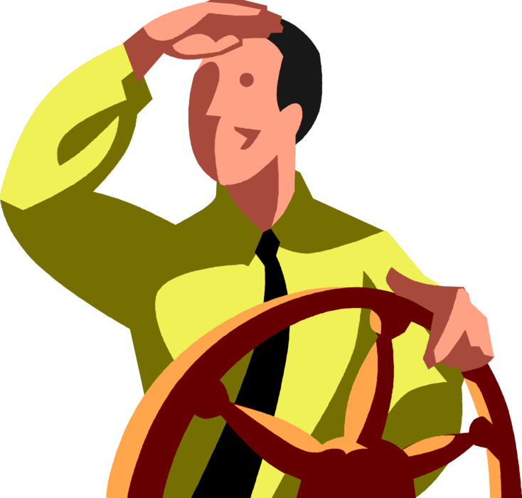 Vector Illustration of Businessman Steers Ship's Helm Wheel or Boat's Wheel to Change Business Strategies and Goals