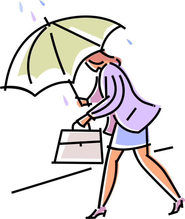 Vector Illustration of Harried Businesswoman Walks Briskly with Purse and Umbrella in Thunderstorm Rain Showers