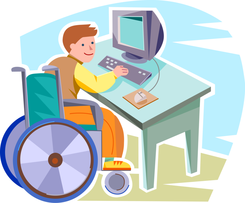 Vector Illustration of Primary or Elementary School Student Physically Disabled Boy in Wheelchair Works on Computer