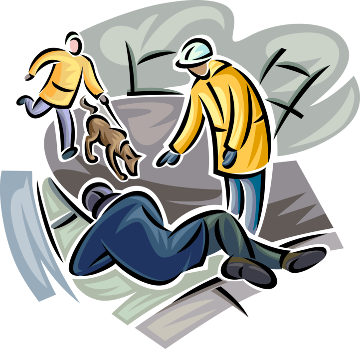 Vector Illustration of Emergency and Natural Disaster Workers with K-9 Search and Rescue Dog Assist Injured Victim