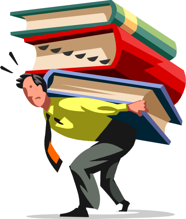 Vector Illustration of Overloaded Businessman Overwhelmed with Reference Research Textbook Books