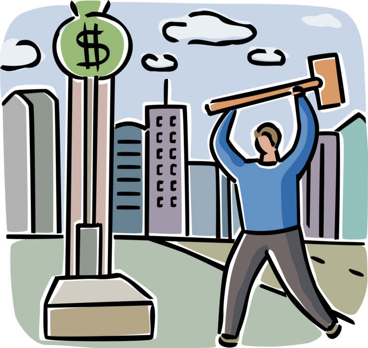 Vector Illustration of Businessman with Strength Tester Carnival Game Makes Financial Bell Ring with Hammer