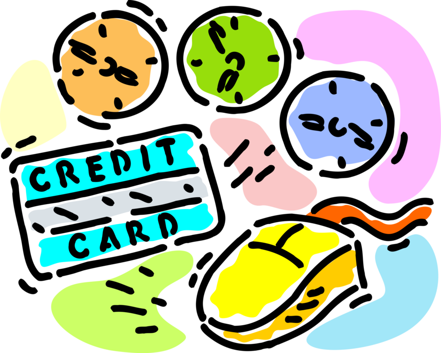 Vector Illustration of Credit Cards Issued to Users as Method of Payment Cards Instead of Cash with Computer Mouse and Clocks