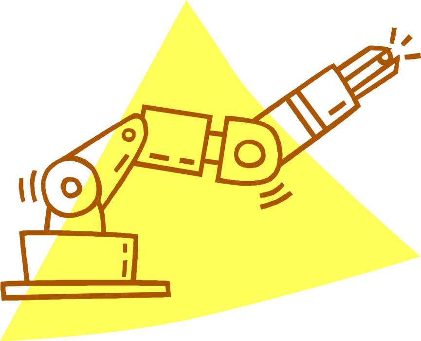 Vector Illustration of Automated Assembly Line with Robotic Arm in Manufacturing Factory Plant