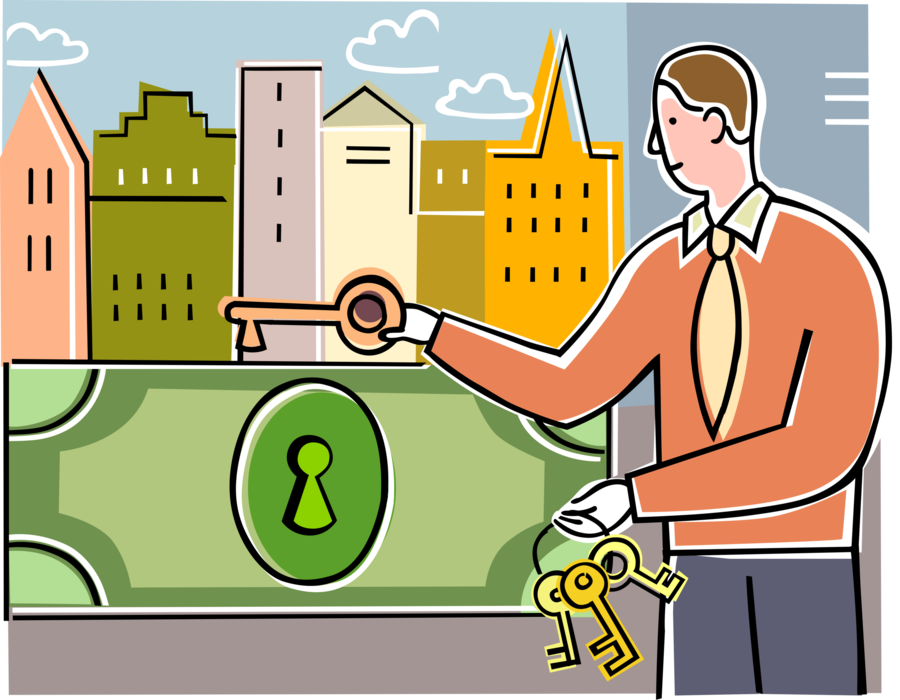 Vector Illustration of Businessman with Key to Unlocking Corporate Financial Profits Cash Money Dollars