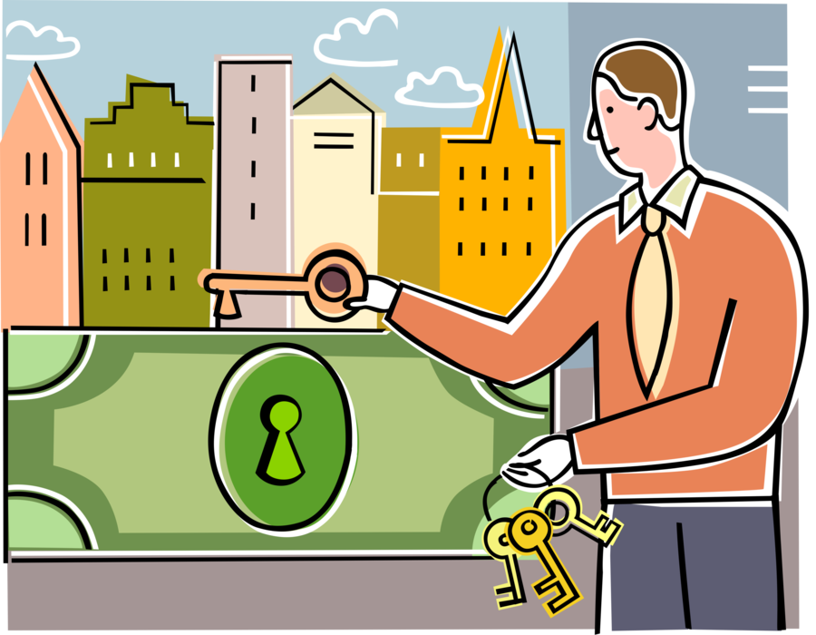 Vector Illustration of Businessman with Key to Unlocking Corporate Financial Profits Cash Money Dollars