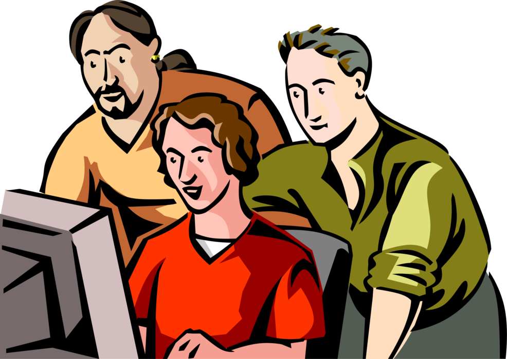 Vector Illustration of Office Workers Watch Viral Internet YouTube Videos on Personal Computer Monitor Screen