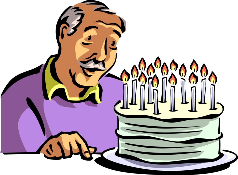 Vector Illustration of Retired Elderly Senior Citizen Blows Out Too Many Candles on Birthday Cake