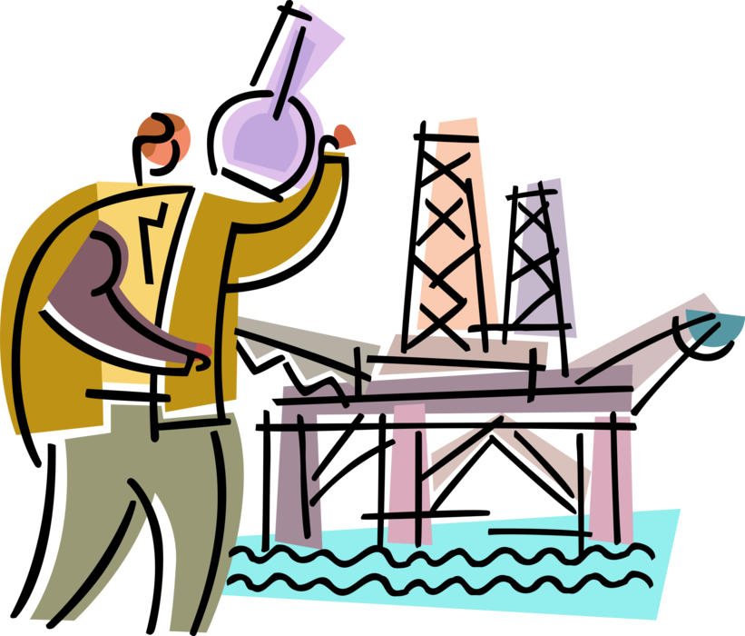 Vector Illustration of Petroleum Industry Offshore Fossil Fuel Oil Rig Drilling Platform with Derrick and Cranes