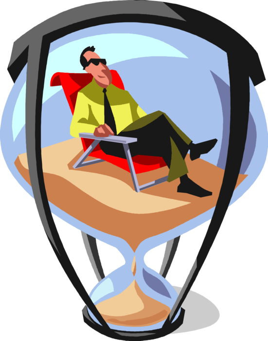 Vector Illustration of Businessman with Time to Spare Relaxes in Lounge Chair in Hourglass or Sandglass, Sand Timer