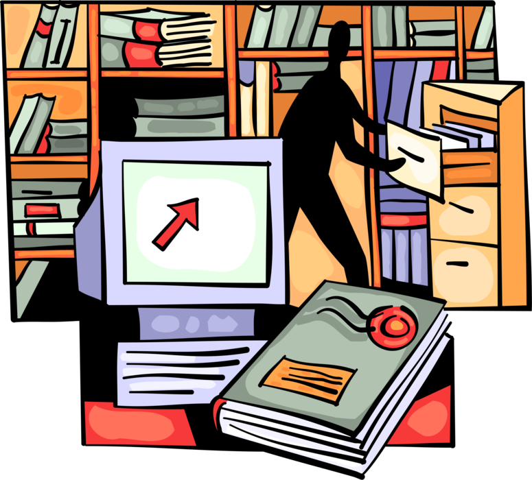 Vector Illustration of Office Worker Manages Files in Filing Room with Filing Cabinet, Record Books, Computer