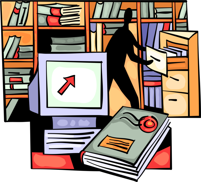 Vector Illustration of Office Worker Manages Files in Filing Room with Filing Cabinet, Record Books, Computer