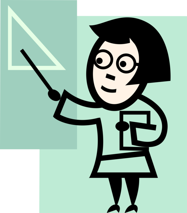 Vector Illustration of Geometry Teacher in School Classroom Teaching with Pointer at Blackboard Chalkboard