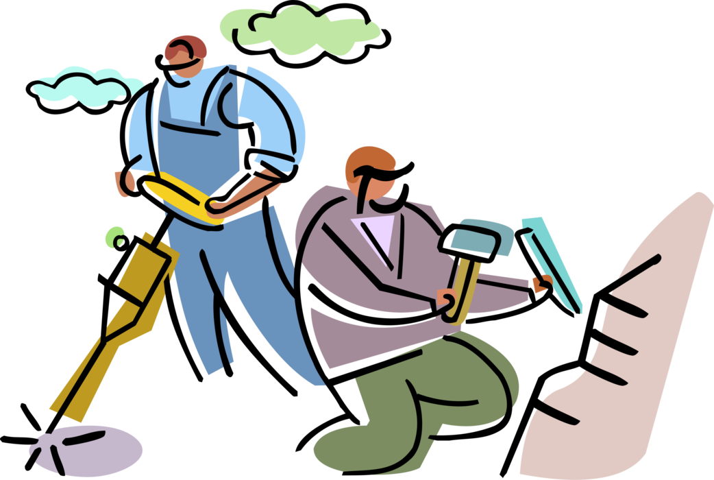 Vector Illustration of Tradesmen Construction Workers with Pneumatic Jack Hammer Drill and Hammer with Chisel
