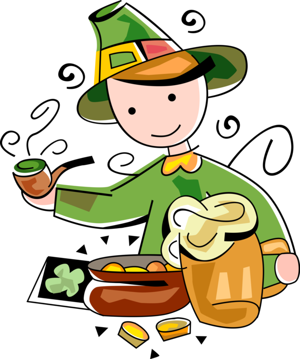 Vector Illustration of St Patrick's Day Celebration with Irish Leprechaun Drinking Beer, Smoking Tobacco Pipe