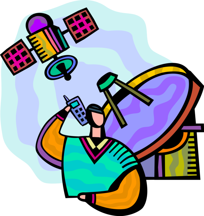 Vector Illustration of Satellite Telecommunications Businessman on Mobile Cell Phone with Satellite and Parabolic Dish Antenna