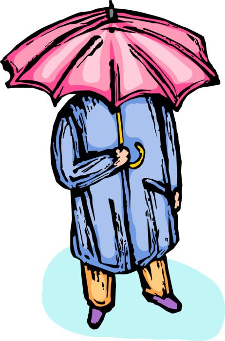 Vector Illustration of Standing in Raincoat Under Umbrella or Parasol in Rain